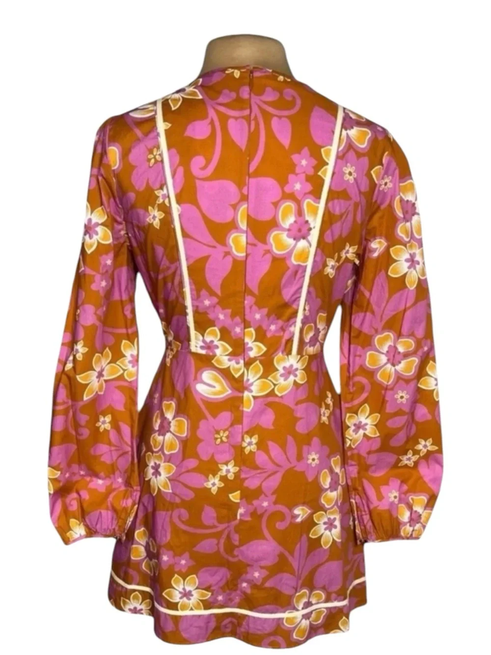 WARM Chelsea Floral Mini Dress Clay Pink Retro 60s Mod Puff Sleeve Medium M - Picture 4 of 8
